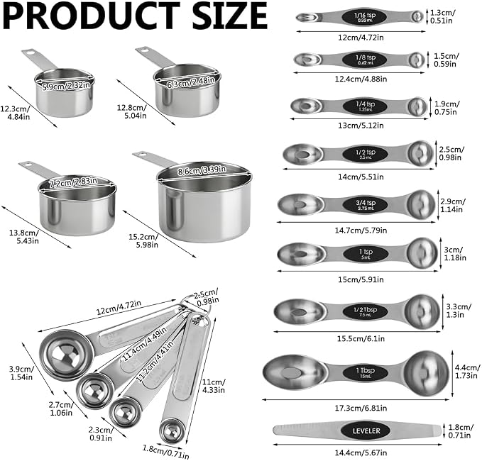 Magnetic Measuring Cups and Spoons Set, 17PCS Stainless Steel Dual-Sided Spoons with Built-in Leveler for Dry & Liquid Ingredients, Magnetic Nesting Design for Baking & Cooking(COLOR:silver)