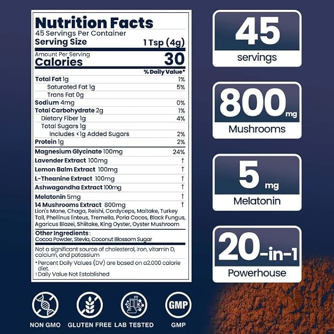 45 Servings Mushroom Hot Cocoa for Sleep, Calm & Immunity | Hot Cocoa Powder with 14 Mushroom Extracts, Magnesium Glycinate, Ashwagandha, L-Theanine & 5mg Melatonin | Non-GMO, Keto-Friendly