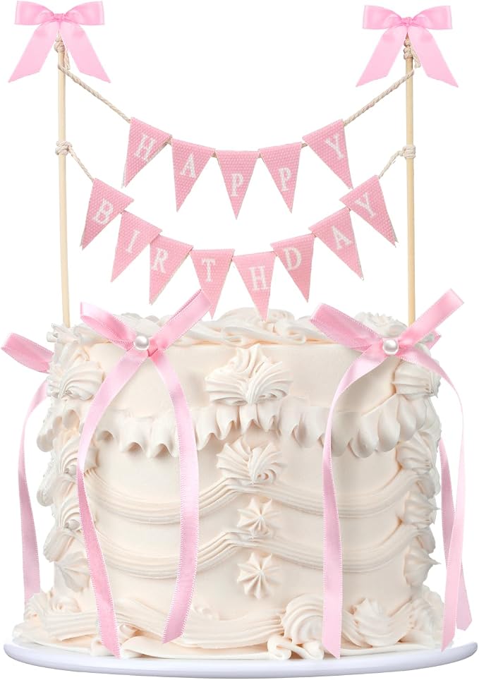 Honeydak 11 Pcs Pink Bow Ribbon Cake Topper Happy Birthday Cake Bunting Topper with Wood Pole Handmade Pennant Flags with Bows Ribbon for Birthday, Bridal Party Decoration