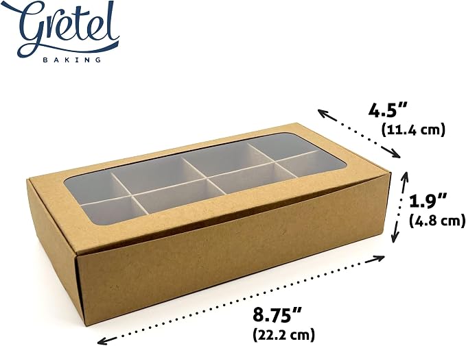 20pcs Kraft Treat Boxes with Window and Dividers | 8 SMALL compartments | 8.75 x 4.5 x 1.9 in | Chocolate-covered strawberries supplies, macaron boxes, baked goods packaging