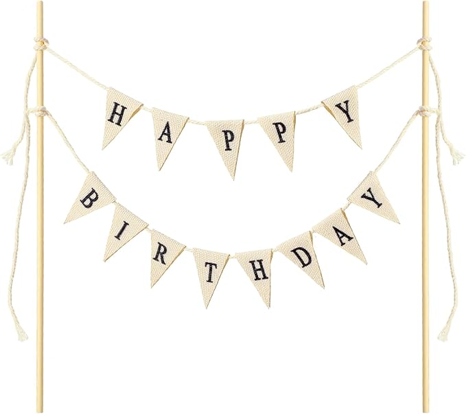 Happy Birthday Cake Toppers Bunting Happy Birthday Cake Banner Garland | Happy Birthday Sign For Cake Decoration Happy Birthday Topper For Bouquet With Wood Pole Beige