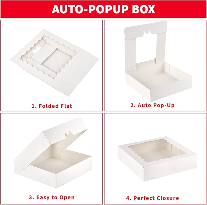 Ocmoiy 20 Pack Pie Boxes, 10 x 10 x 2.5 Inches Bakery Boxes with Window, Auto-Popup Cookie Treat Boxes for Chocolate Strawberries, Pastries, Muffins, Donuts, Breakable Heart