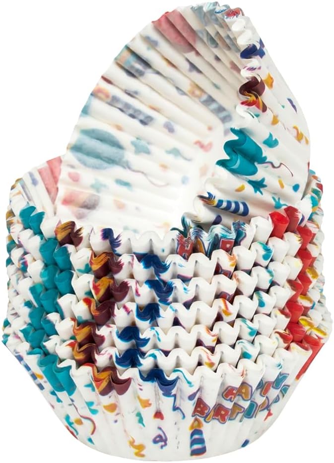 200 Paper Cupcake Liners, Muffin Liners or Baking Cups for Desserts, Muffins, Cupcakes and More Treats; Grease Proof, No Smell, Food Grade, Nut Serving Containers (Birthday)
