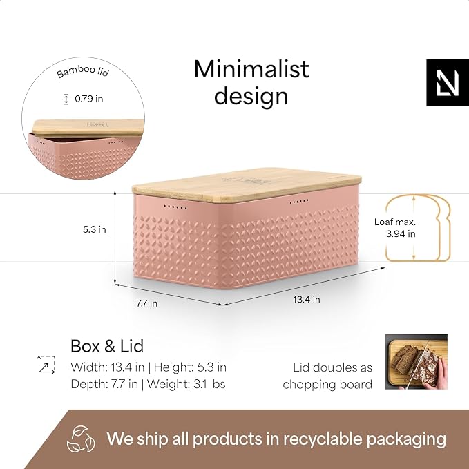 LARS NYSØM Bread Box I Metal Box with linen bag for long lasting freshness I Bread Bin with bamboo lid usable as cutting board I 13.4x7.3x5.3In (Blush Rose)