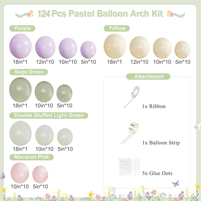 Dusty Green Purple Pastel Pink Balloon Arch Garland Kit 124Pcs Double Stuffed Light Green Sage Green Purple Yellow Macaron Pink Balloons for Wildflower Baby Shower Wedding Birthday Party Decorations