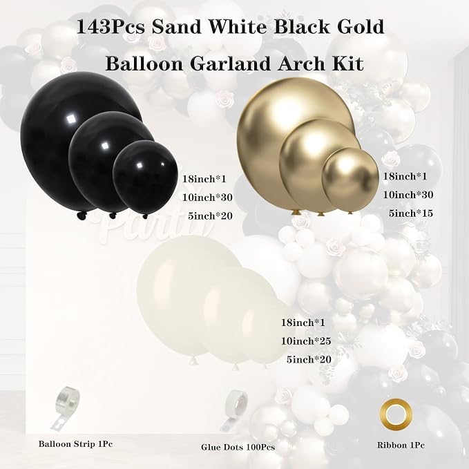 Black Gold Sand White Balloon Garland Arch Kit 143Pcs Sand White Black Chrome Gold Latex Balloons for Wedding Bridal Shower Gender Reveal Birthday Party Decorations