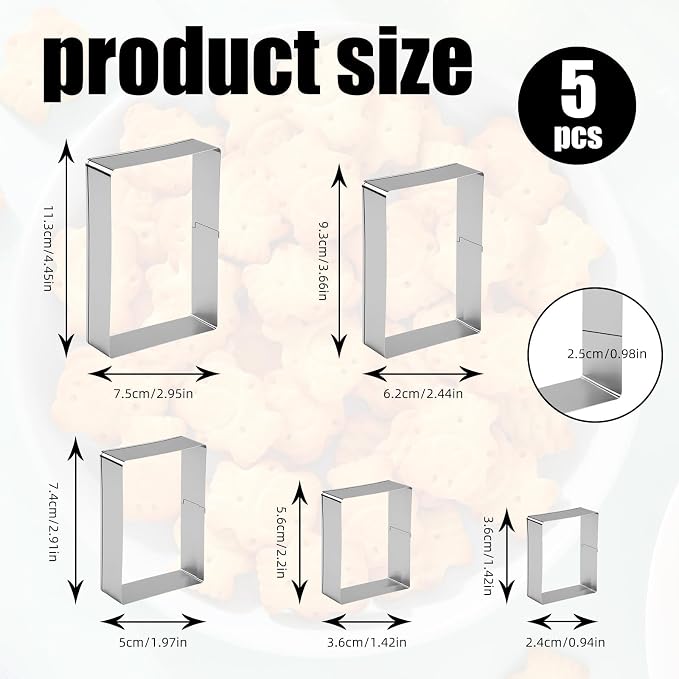 Rectangle Cookie Cutter, 5 Pcs Stainless Steel Rectangle Biscuit Mold, Square Cookies Cutter, Square Pastry Molds Fondant Cake Cookie Cutters Set (5, 4, 3, 2 & 1 Inch) for Cake, Cookies & DIY Decor