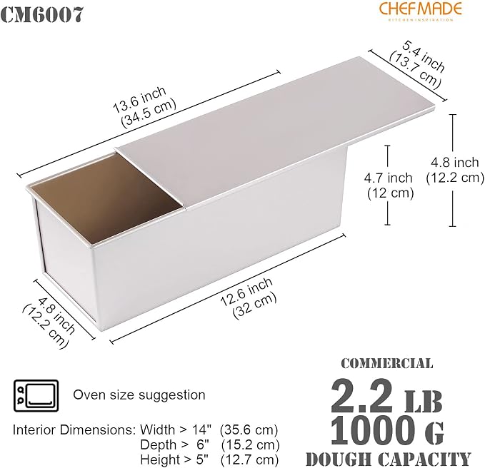 CHEFMADE Commercial Pullman Loaf Pan with Lid, 2.2Lb Dough Capacity Non-stick Rectangle Flat Toast Box for Oven Baking 4.8" x 12.8"x 4.7" Dishwasher Safe(Champagne Gold)