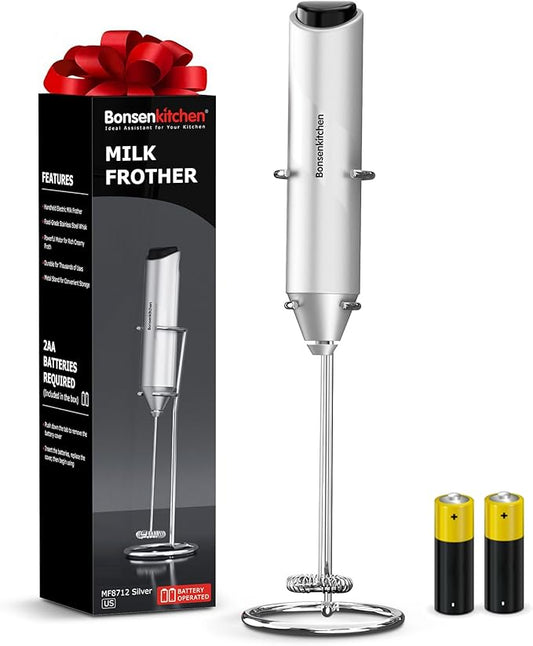 Bonsenkitchen Powerful Milk Frother with Stand for Coffee, Fast Handheld Drink Mixer with Stainless Steel Whisk, Battery Operated Hand Frother Stirrer Wand-Silver