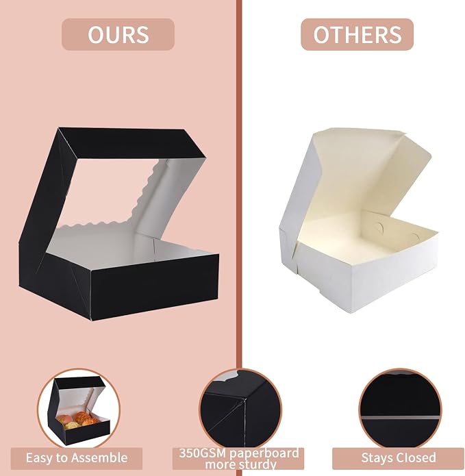 24 pcs Black Pie Boxes,12x12x3 Inch Auto-Popup Bakery Boxes with Window Donuts Chocolate Muffins Donuts Pastry Dessert Cookie Box For Packaging