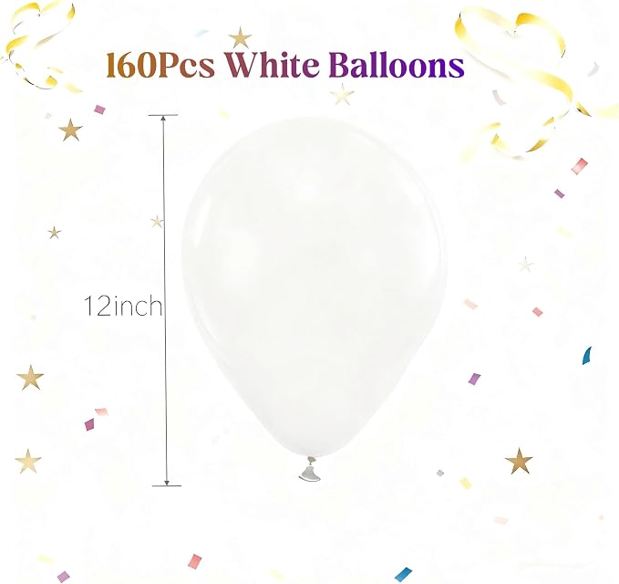 160Pcs White Balloons 12 Inch Latex Balloons for Baby Shower Birthday Wedding Party Decorations