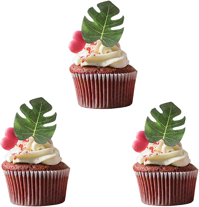 48pcs Edible Tropical Turtle Leaves Cupcake toppers, Palm Leaf Cake Topper, Edible Wafer Paper Leaf Cake Decoration for Hawaii Aloha Jungle Summer Theme Wedding Birthday Baby Shower Party