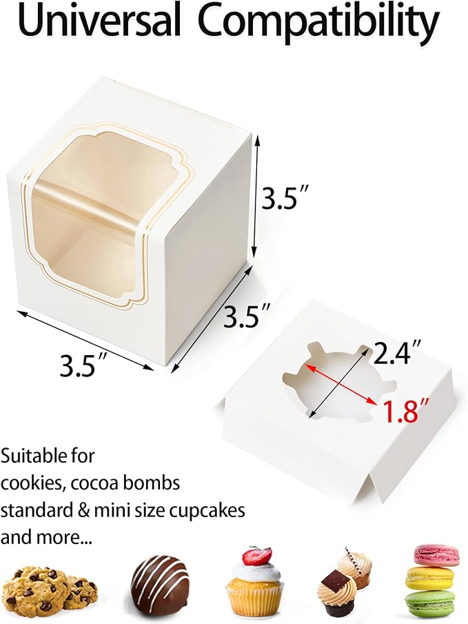 White Cupcake holders Single Gold Stamping with Insert Pastry Box 12 Pack