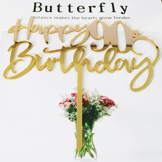 Happy 90th birthday cake Topper,Mirrored Gold Acrylic Durable Cake Topper,90th Birthday Party Cake Decorations,Hello 90th years old, Happy ninety years old, Birthday Party Decorations