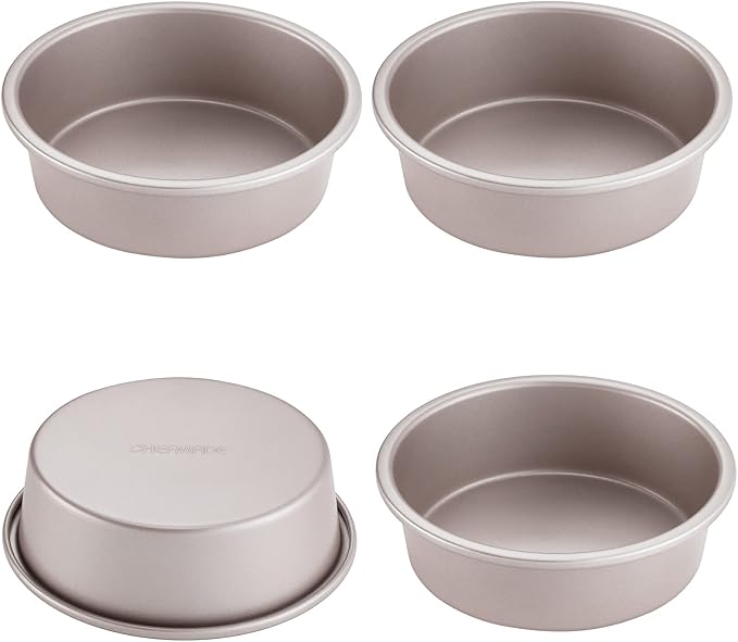 CHEFMADE Mini Round Cake Pan Set, 6-Inch 4Pcs Non-Stick Round Cake and Loaf Bakeware for Oven and Instant Pot Baking (Champagne Gold)