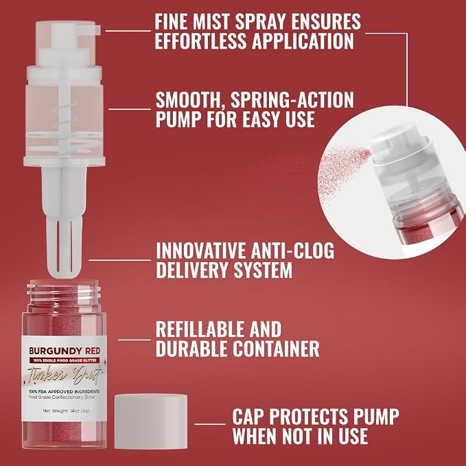 Bakell - Burgundy Red Tinker Dust (4g, 1x Mini Spray Pump) Edible Glitter for Food, Desserts, and Baked goods!