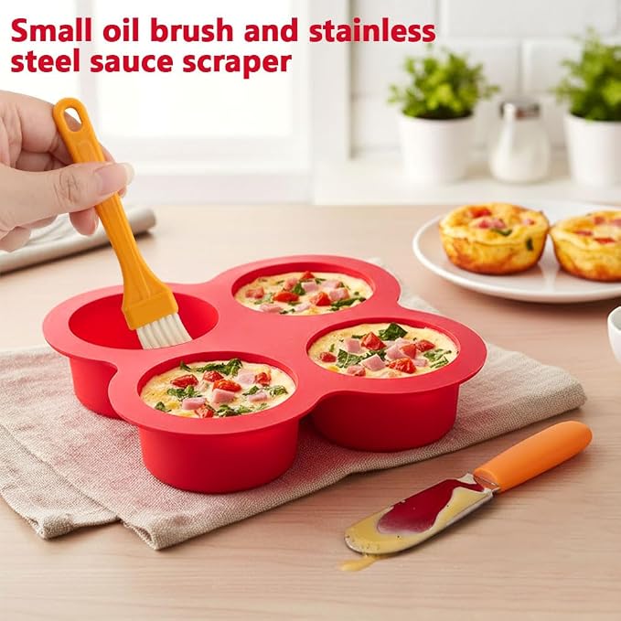 2 Pack Air Fryer Egg Bite Molds, 4 Cups Mini Round Muffin Pans, Silicone Egg Bite Molds with Spreader＆Oil Brush Nonstick Air Fryer Baking Pan for Cupcake, Muffin, Tart, Frittata, Quiche
