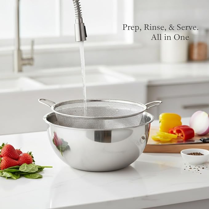 Stainless Steel Mixing Bowl Set with Nested Strainer for Washing, Draining, and Food Prep