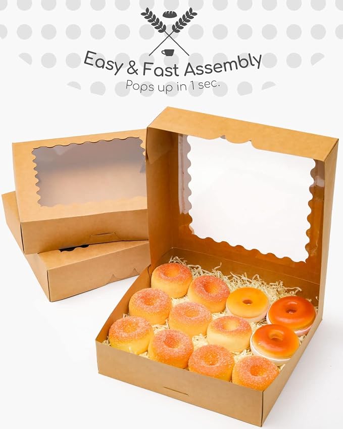 qiqee 9x9x2.5 Inch Brown Pie Boxes with Window 12Packs Cookie Donut Bakery Box (Auto-pop Up)
