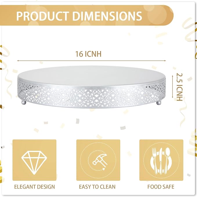 Wenqik Cake Stand 16 Inch Round Metal Cupcake Dessert Wedding Cake Stand Cookies Display Holder Fruit Serving Tray for Table Wedding Birthday Anniversary Party(Silver)