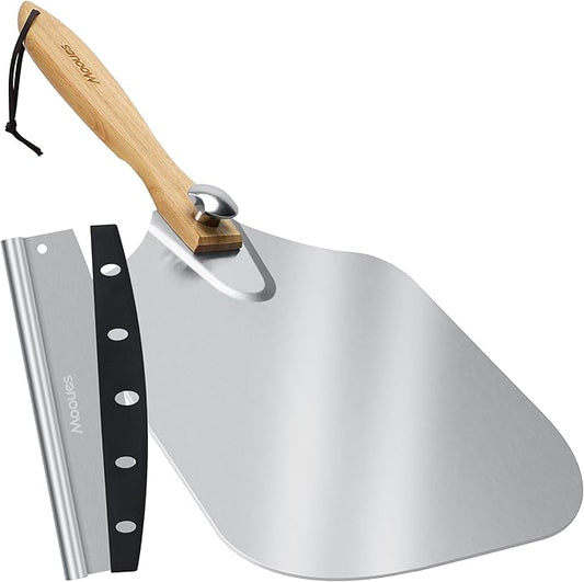 Mooues Pizza Peel Aluminum Pizza Spatula, Metal Pizza Paddle(14inx 16in) with Rocker Cutter Foldable Wood Handle, [Storage bag included], for Family Pizza Oven Baking Pizza, Dough, Bread & Pastry