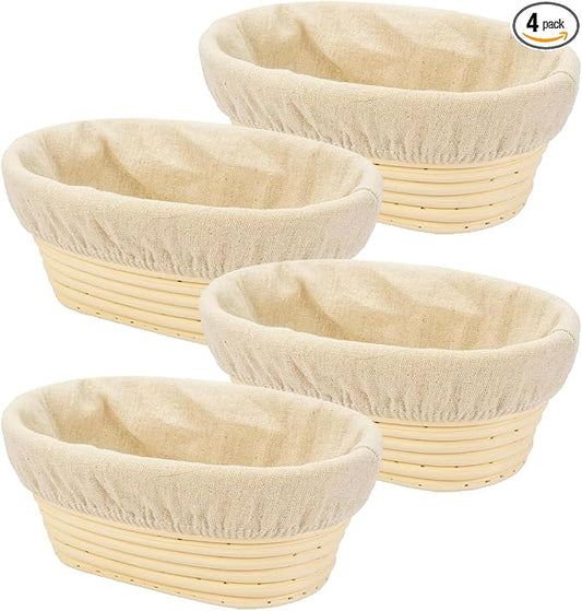 4PACK 8 inch Oval Bread Proofing Basket Banneton Bread Dough Proofing Rising Rattan Basket & Liner for Baking Bread Making