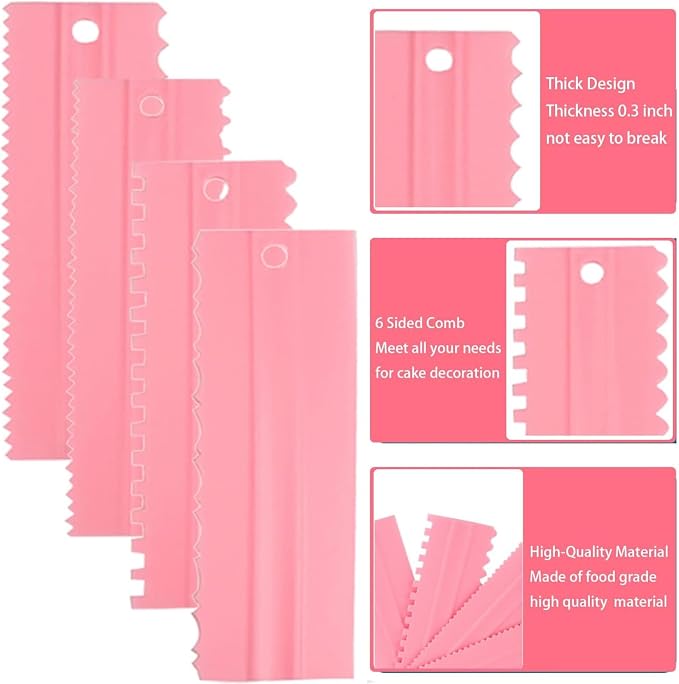Cake Scraper Set of 9 Packs, Cake Scraper Smoother Set, Adjustable Icing Scraper Polisher Tool, Cake Decorating Comb, Icing Smoother Plastic Sawtooth Cake Icing Kitchen Baking Cake Edge (Pink)