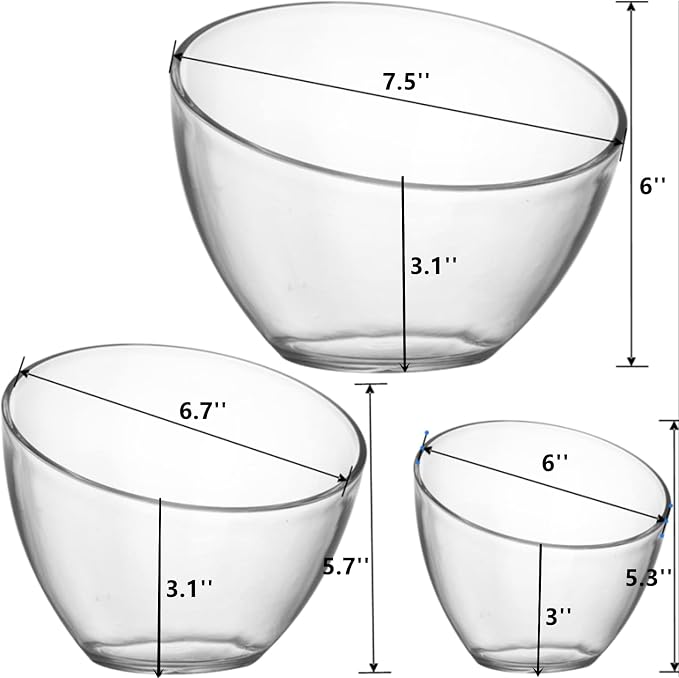 Lyellfe 3 Pack Angled Plastic Bowls, Thick Acrylic Salad Serving Bowl, Clear Candy Snack Bowls for Parties, Chips, Fruit, Prep, Assorted Sizes