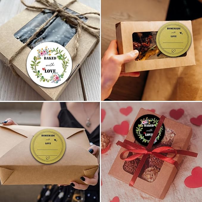 300 Pcs Baked with Love Stickers, 2 Inch Round Baking Labels, Kraft Baked Tags, Homemade Baking Stickers for Cookie Bags, Dessert Boxes