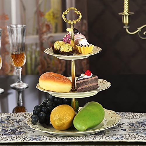 YOLIFE Flowering Shrubs 3 Tiered Cupcake Stand, Emboss Golden Leaves Edge Pastry Tower, 6-8-10 inch