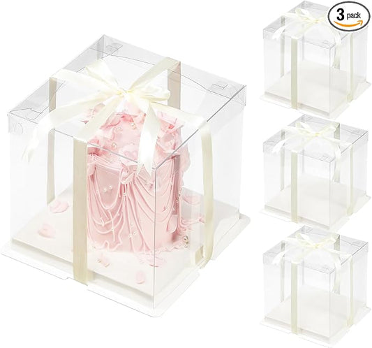 3 Pcs Clear Gift Box with Ribbon 2-Layer 6.7x6.7x7.8 Inch, Transparent Cake Carrier Box with Lids, PET Tall Cake Packaging Boxes, Clear Gift Boxes for Birthday,Wedding and Festival Party
