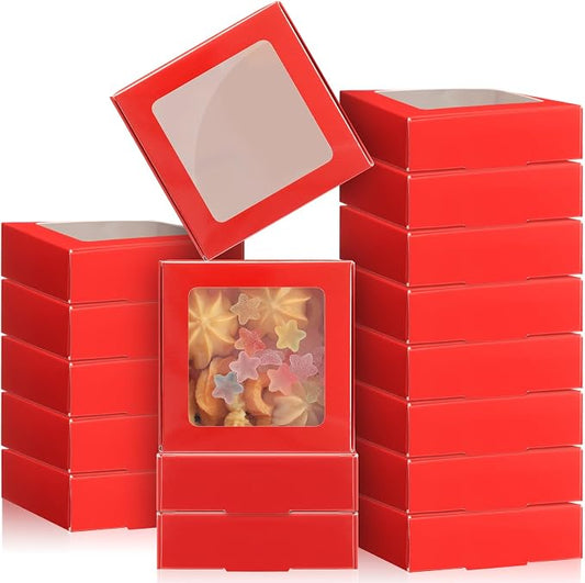 Zonon 30 Pcs Kraft Paper Boxes with Window 4.13 x 4.13 x 1.18 Inch Candy Packaging, Small Gift Boxes, Soap holder, Mini Treat Packaging for Bakery Chocolate Jewelry Display (Red)
