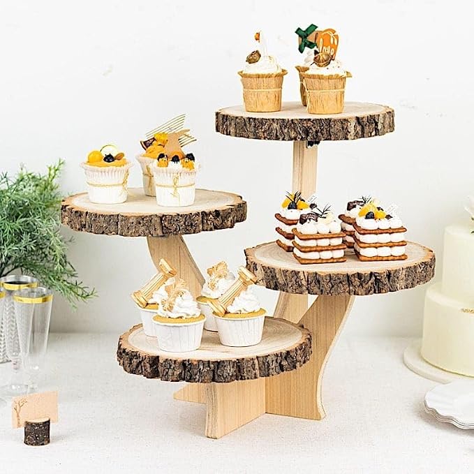 15 in Brown 4 Tier Round Natural Wood Cupcake Dessert Stand | Wooden Cup Cake Stand for Birthday Wedding Party Events Reception Catering Decorations Supplies