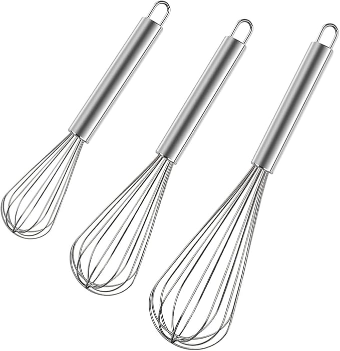 Polly Online Stainless Steel Whisk Set, 3 Packs Balloon Whisk for Cooking, Whisking, Blending (8",10",12")