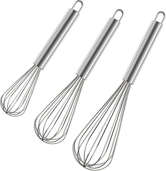 Polly Online Stainless Steel Whisk Set, 3 Packs Balloon Whisk for Cooking, Whisking, Blending (8",10",12")