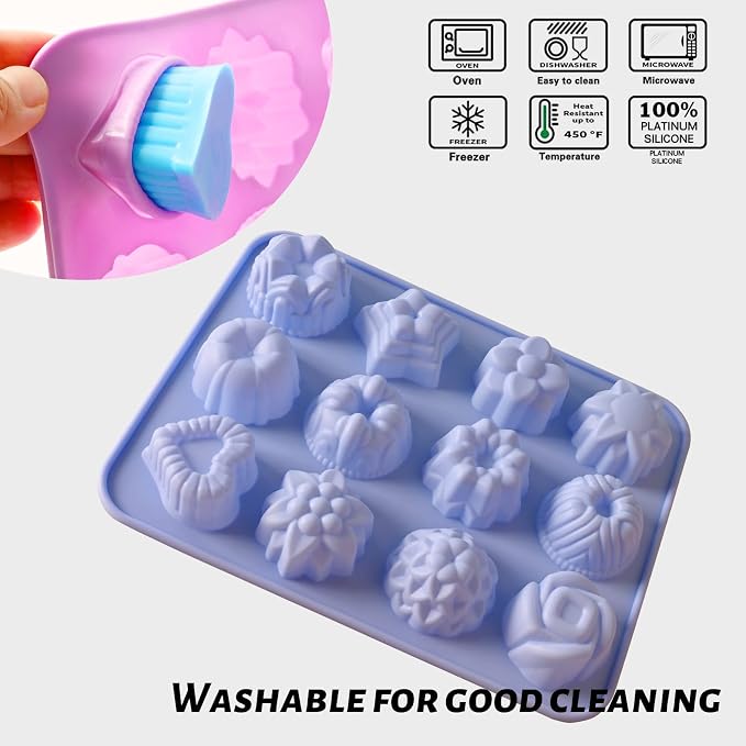 Sakolla 3 Pack Flower Molds Silicone, 12 Cavities Different Shapes Silicone Molds for Chocolate, Cupcake, Candy, Jelly, Ice Cube, Muffin (Pink, Purple, Blue)