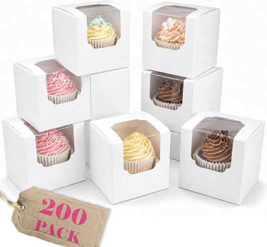 Bakepacker Auto-pop up Cupcake Boxes 200-Packs White 3.5" x 3.5" x 3.5", for Cake, Treat Cookie Dessert, Pastry, Birthday Party, Weddings