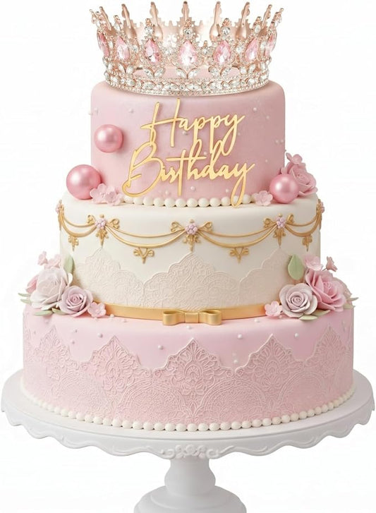 8 Pcs Pink Queen Crown Cake Topper for Women, Happy Birthday Cake Toppers Foam Balls Rhinestone Crystal Tiara Wedding Decoration for Princess Party Photo Props