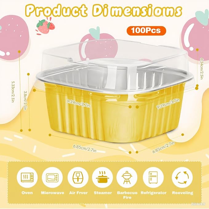 100Pack 5oz Gold Mini Cake Pans with Lids Baking Cups Aluminum Foil Pans Tins, Individual Dessert Cups Containers for Sales,Party,Picnics