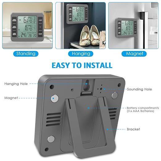 AMIR Upgraded Refrigerator Thermometer, Wireless Indoor Outdoor Thermometer, Sensor Temperature Monitor with Audible Alarm Temperature Gauge for Freezer Kitchen Home (Battery not Included, Grey)