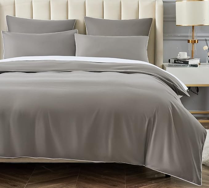 DAUAOTO Duvet Cover Full/Queen Set, Gray Microfiber Bedding with Contrasted White Piping, 1 90"X90" Cover + 2 20"X26" Shams