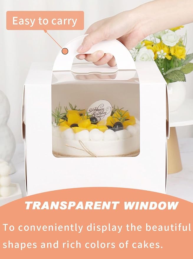 20Pcs 5×5×4 Inches Mini Cake Boxes-Solid White with Carry Handles and Cake Board-Suitable for Cakes up to 4 Inch,cake container,Pastries,Bakery Treats-Perfect for Celebrations and Gifts