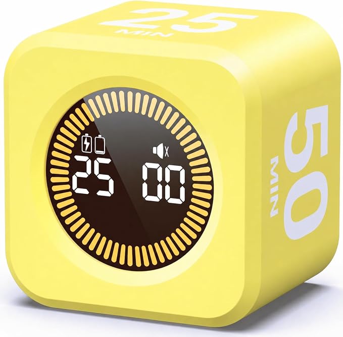KADAMS Timer Pomodoro - Productivity Pomodoro Cube, 5/10/25/50 Min Countdown & Countup, Silent – for Work Study Workout Kitchen School Classroom Office ADHD Gift Kids (1, Yellow)