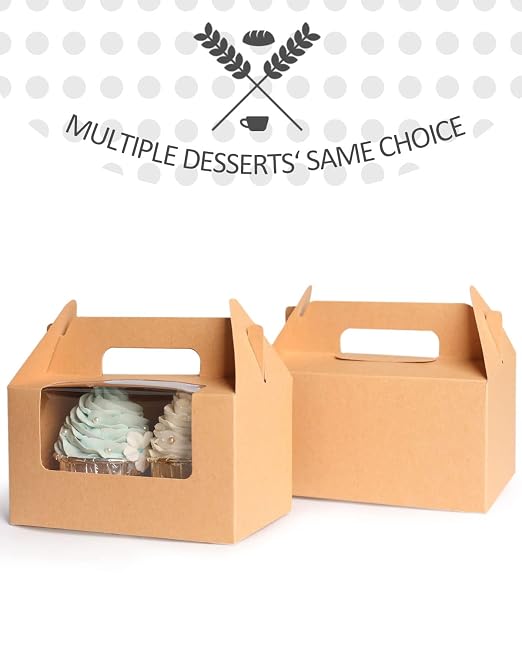qiqee Cupcake Box Two Holder 6.5x3.6x3.5inch(2.2" Top) 50pcs Brown 2 Cupcake Boxes With Window