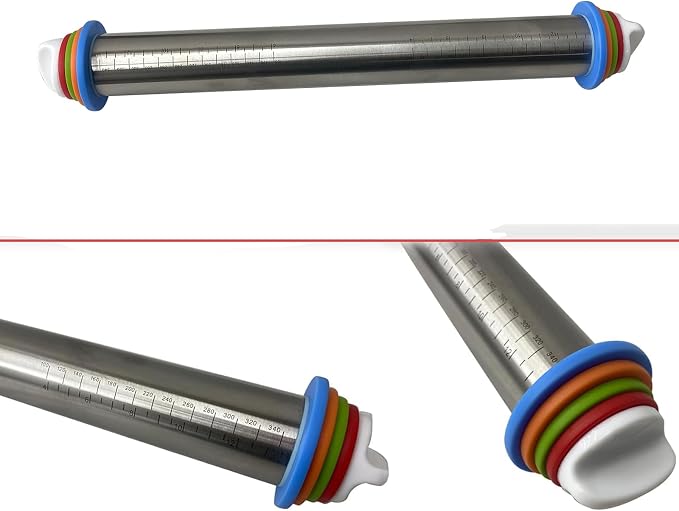 Stainless Steel Rolling Pin with Thickness Rings, 17 Inches Adjustable Rolling Pin for Baking, for Cookie Flat Dough Pizza Pie