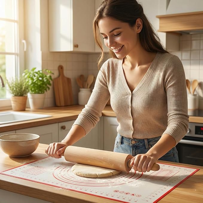 Wood Rolling Pin with Silicone Baking Mat Wood Base, Non Stick Surface Dough Roller with Handle, Fondant Roller Beech Rolling Pins for Baking Pizza Pastry Bread Cookies