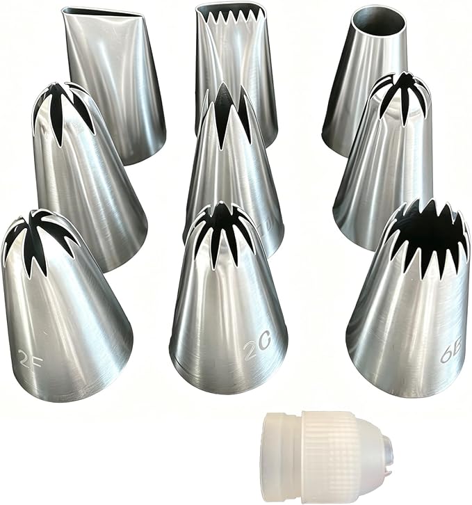 10Pcs 304 Stainless Steel Cake Piping Tips & Coupler, Icing Tips Cookies and Cupcakes Decorating Baking Tools