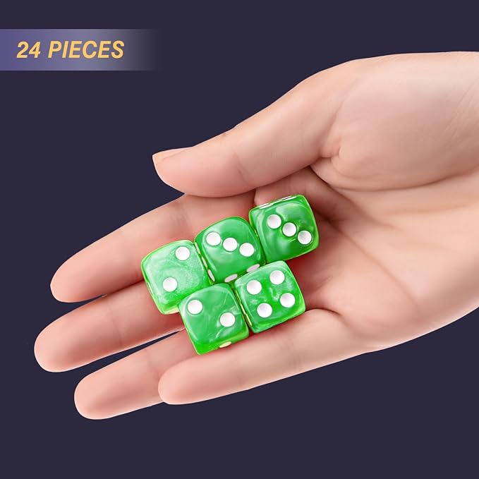 24 of Pack 16MM 6 Sided Dice Set,Pearl Pattern D6 Game Dice Set, 6 Sided Standard Dices for Yahtzee, Bunco or Teaching Math,with Portable Dice Pouch(Green Pearl)