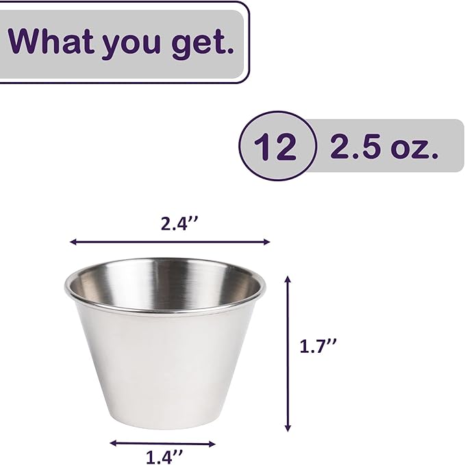 Nechtik Small Sauce Cups, Stainless Steel Ramekin Dipping Sauce Cup, Commercial Grade Individual Round Condiment cups (12 of 2.5 oz.)