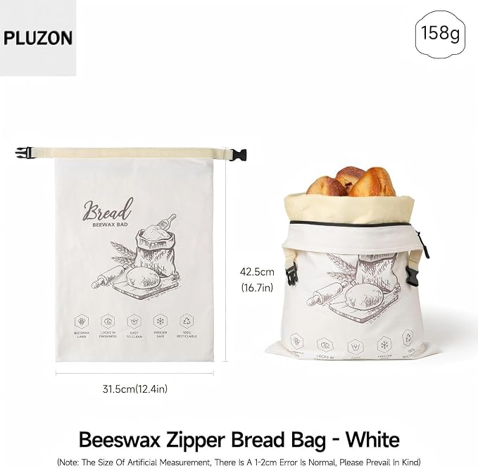 Beeswax Bread Bags for Homemade Sourdough, 2 Pack XL Reusable Organic Linen Cotton Bread Bags with Zipper Seal to Keep Bread Fresh (white and ecru)
